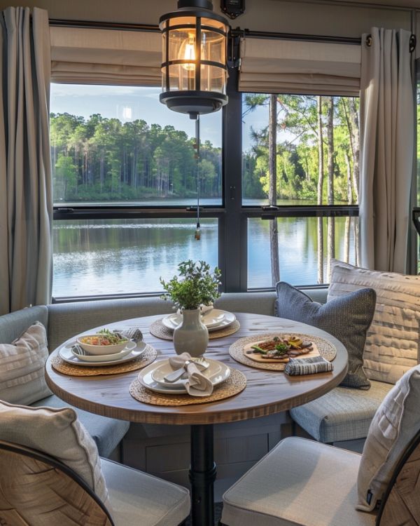 0078 Step inside and discover the charm of this lakeside park model RV. The interior is so cozy smallhometours.com 3
