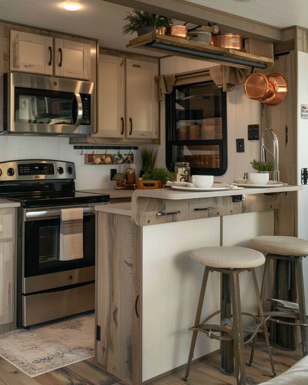 0078 Step inside and discover the charm of this lakeside park model RV. The interior is so cozy smallhometours.com 4