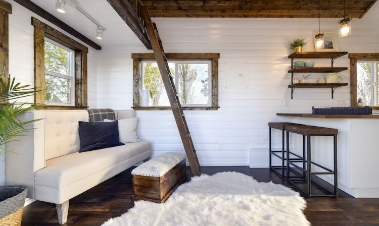 0140 White walls and cedar accents create a luxurious shell in this 26 foot tiny home smallhometours.com 2