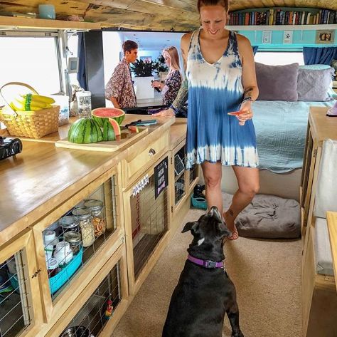 0168 This couple lives full time in a renovated Skoolie with their large family of fur babies smallhometours.com 8