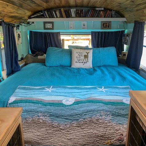 0168 This couple lives full time in a renovated Skoolie with their large family of fur babies smallhometours.com 9