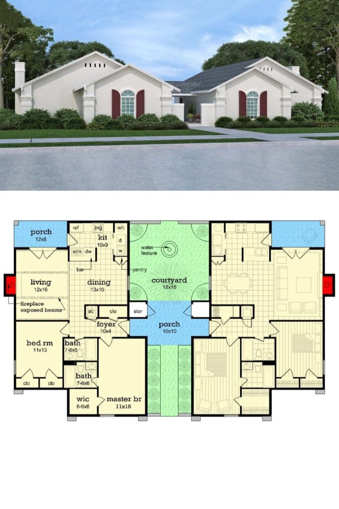 0337 55232BR southern traditional duplex home architectural designs smallhometours 2 1