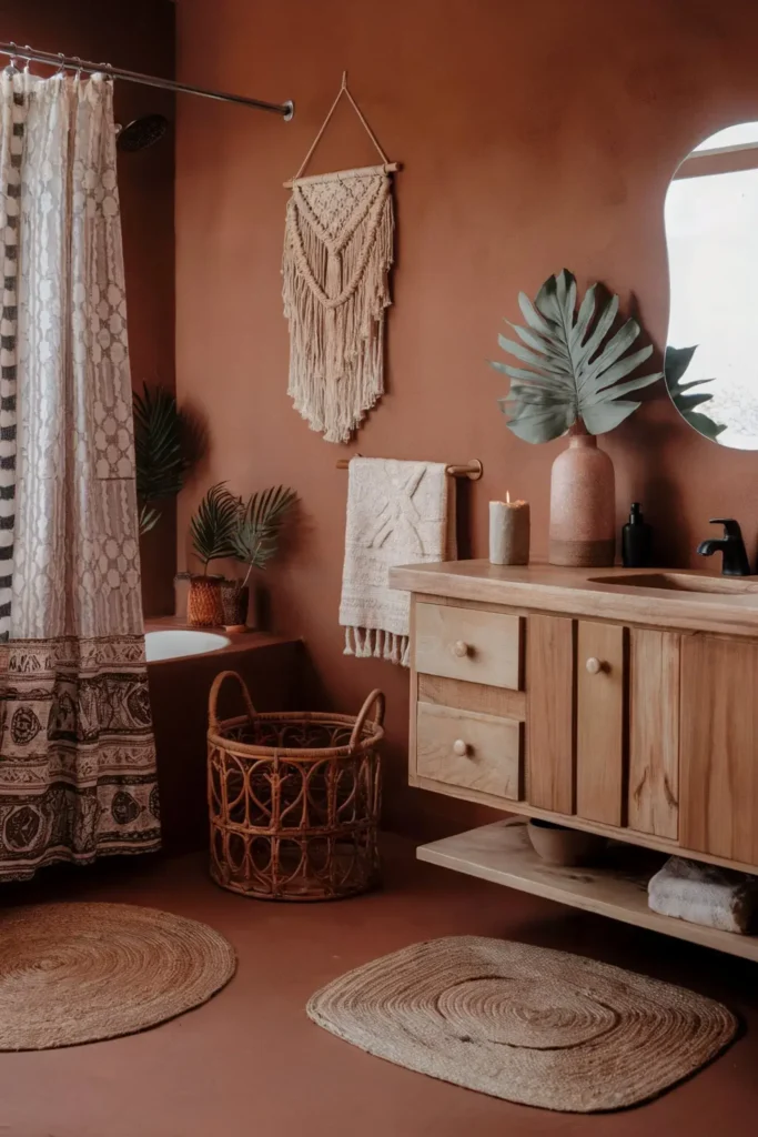 earthy small bathroom ideas natural decor tile color palette aesthetic design inspiration smallhometours.com 1