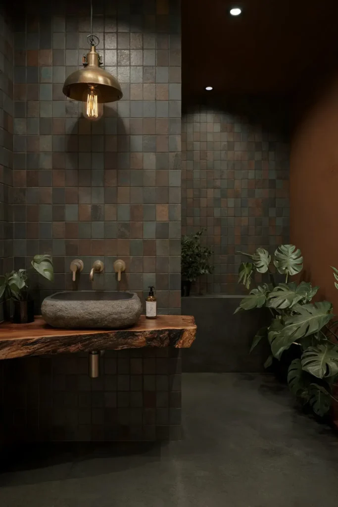 earthy small bathroom ideas natural decor tile color palette aesthetic design inspiration smallhometours.com 10