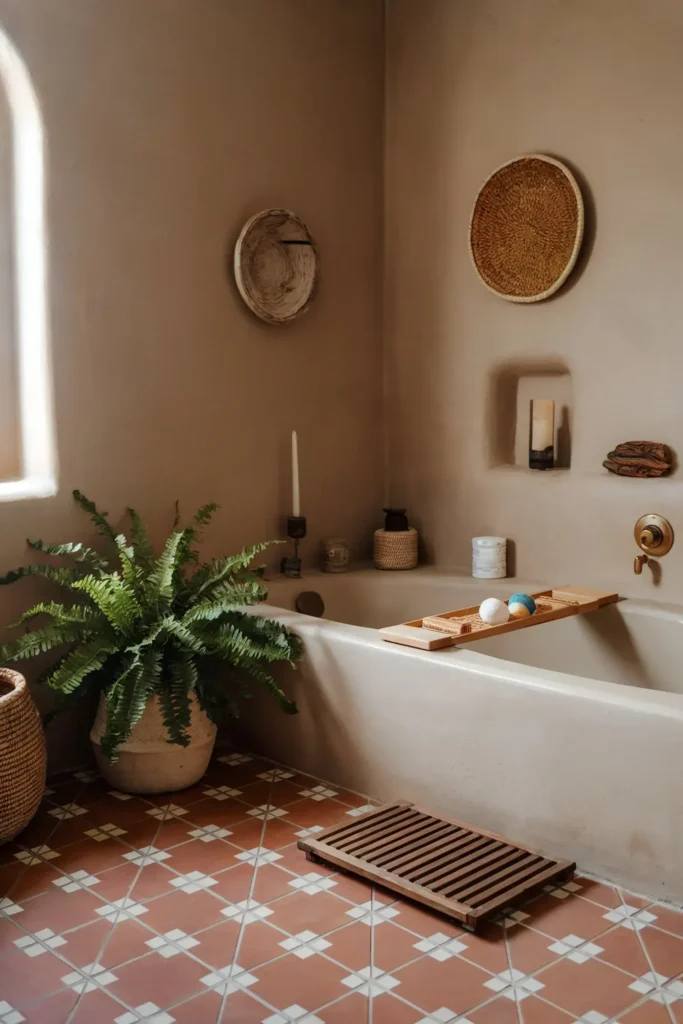 earthy small bathroom ideas natural decor tile color palette aesthetic design inspiration smallhometours.com 12