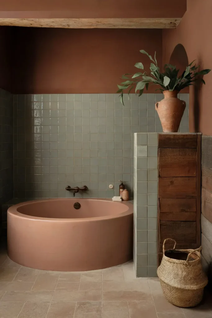 earthy small bathroom ideas natural decor tile color palette aesthetic design inspiration smallhometours.com 13