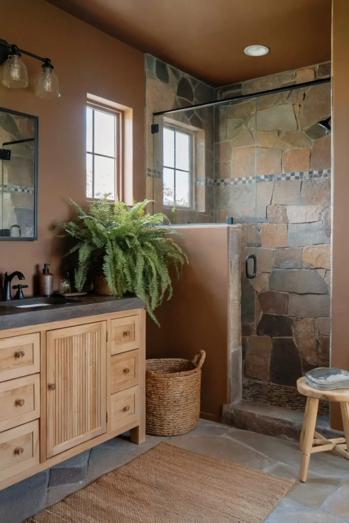 earthy small bathroom ideas natural decor tile color palette aesthetic design inspiration smallhometours.com 3