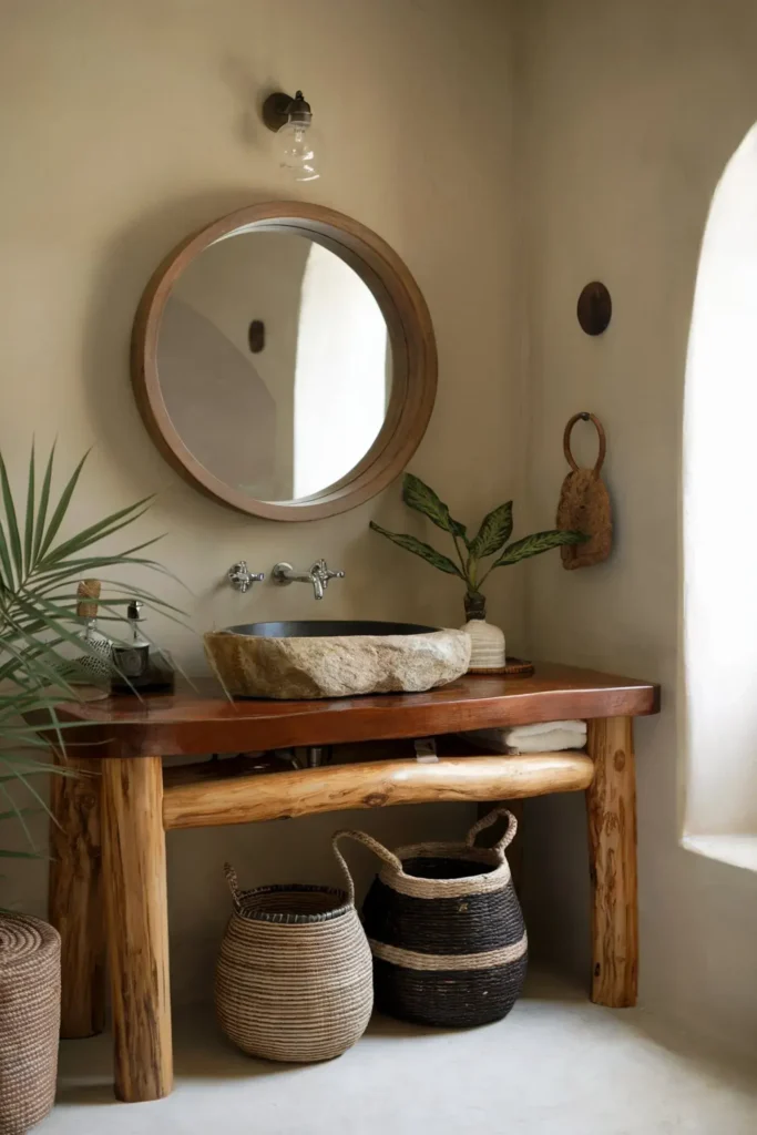 earthy small bathroom ideas natural decor tile color palette aesthetic design inspiration smallhometours.com 4