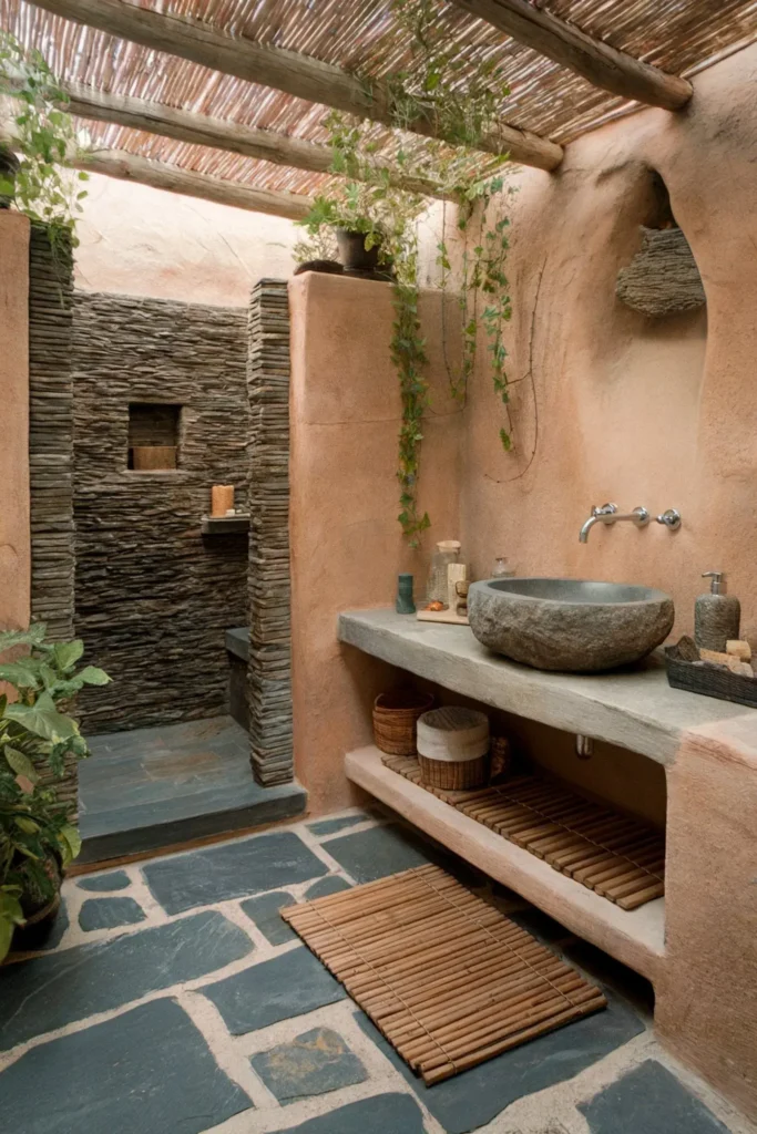 earthy small bathroom ideas natural decor tile color palette aesthetic design inspiration smallhometours.com 5