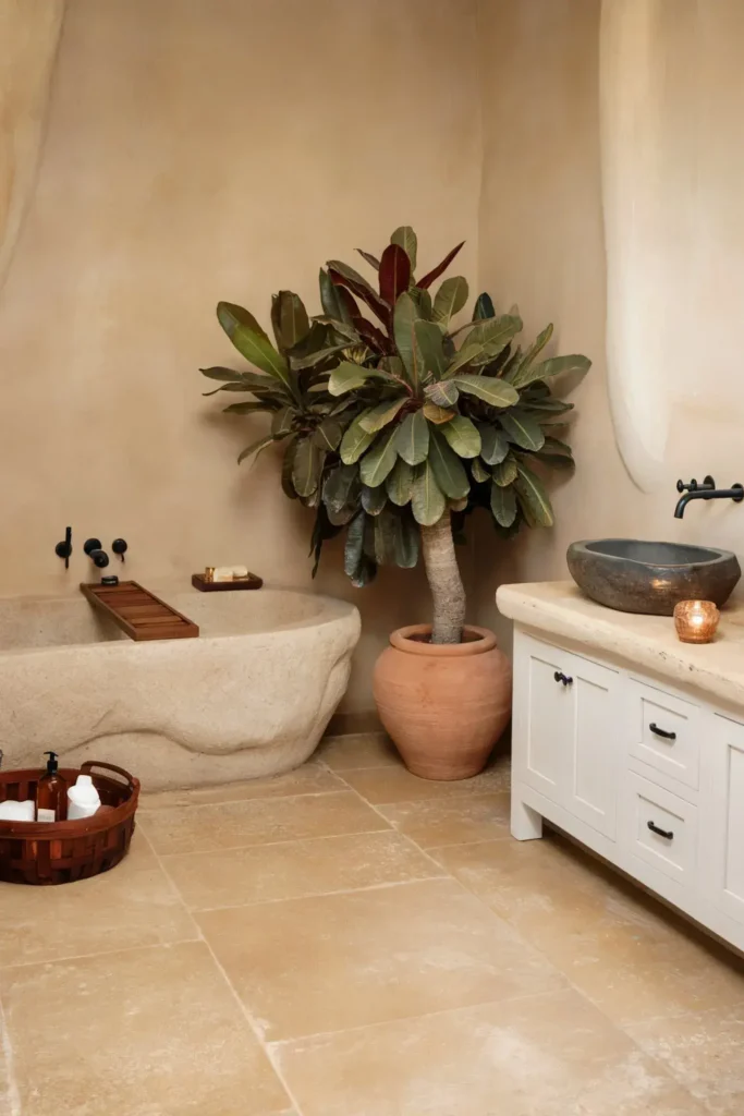 earthy small bathroom ideas natural decor tile color palette aesthetic design inspiration smallhometours.com 6