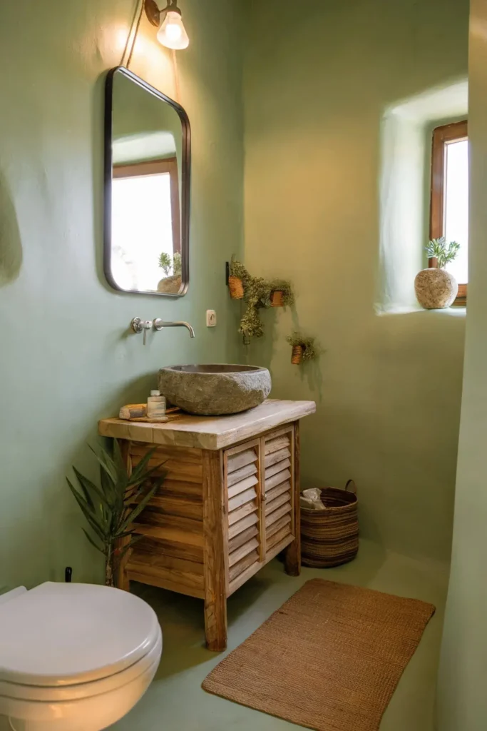 earthy small bathroom ideas natural decor tile color palette aesthetic design inspiration smallhometours.com 7