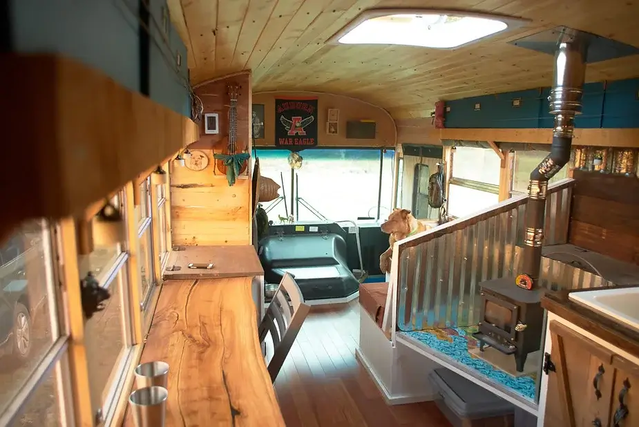 0229 Bus conversion tiny house tour off grid solar school bus smallhometours.com 4