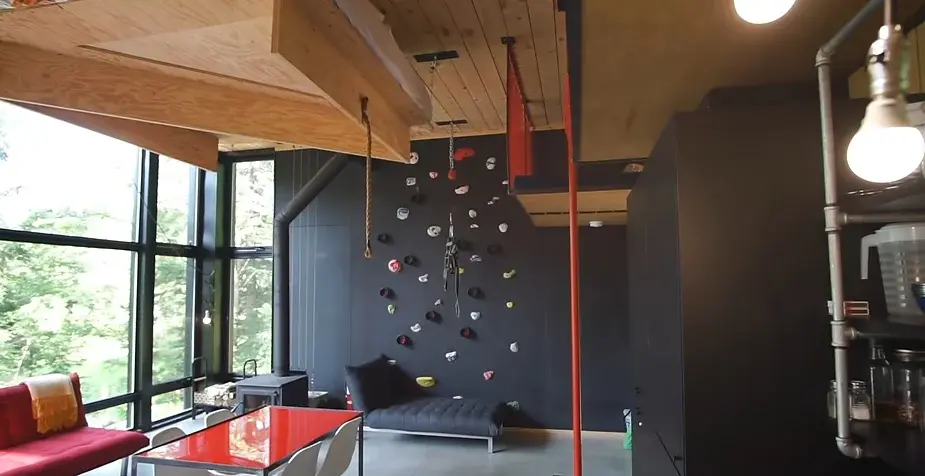 0260 Tiny house with energy wheel floating bed indoor climbing wall smallhometours.com 1