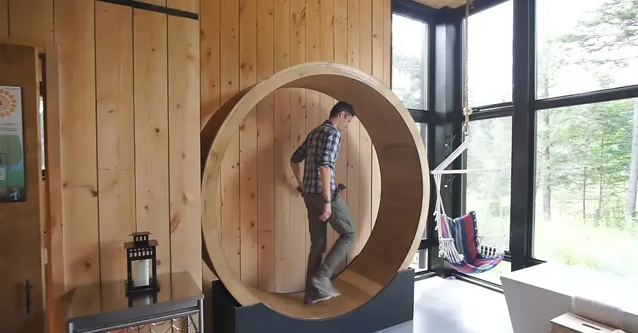 0260 Tiny house with energy wheel floating bed indoor climbing wall smallhometours.com 8
