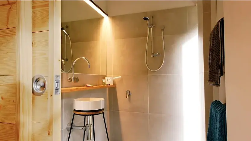 0301 Modern 28m off grid tiny house build in forest with outside bath smallhometours.com 10