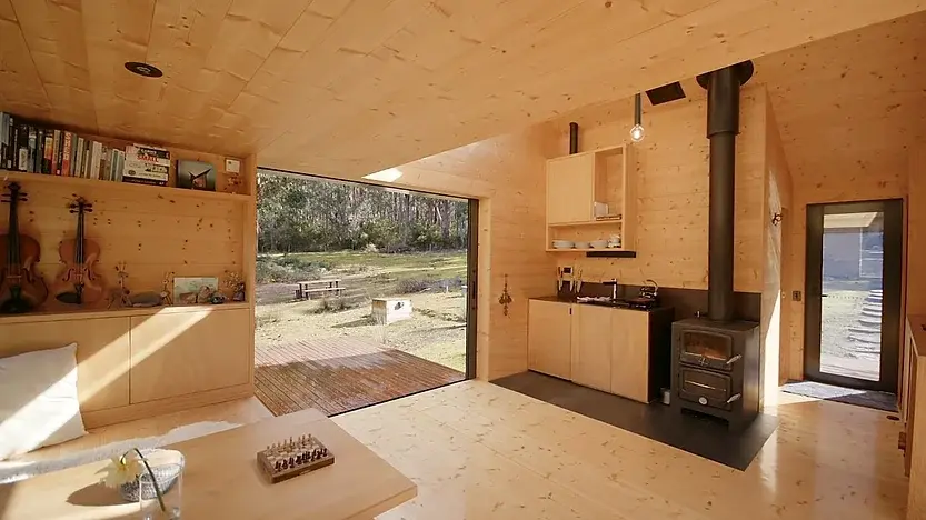 0301 Modern 28m off grid tiny house build in forest with outside bath smallhometours.com 2