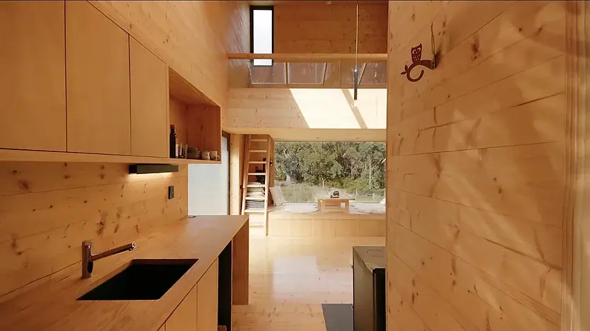 0301 Modern 28m off grid tiny house build in forest with outside bath smallhometours.com 3