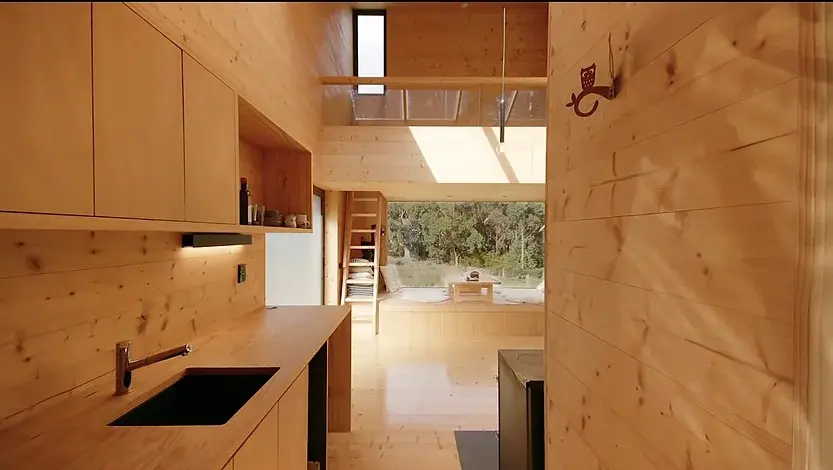 0301 Modern 28m off grid tiny house build in forest with outside bath smallhometours.com 4
