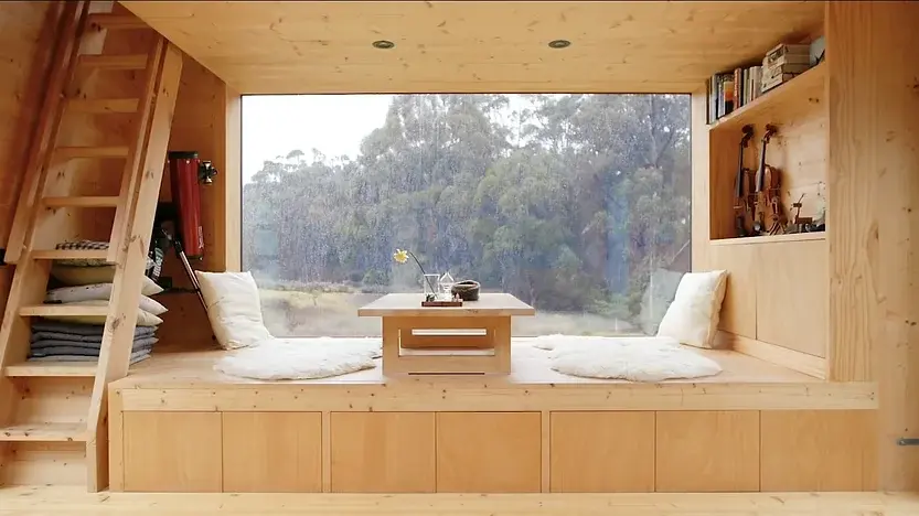 0301 Modern 28m off grid tiny house build in forest with outside bath smallhometours.com 5