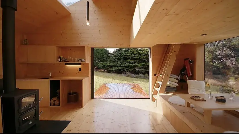 0301 Modern 28m off grid tiny house build in forest with outside bath smallhometours.com 7