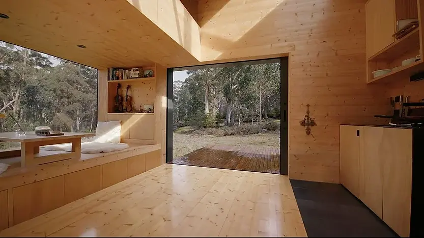 0301 Modern 28m off grid tiny house build in forest with outside bath smallhometours.com 9