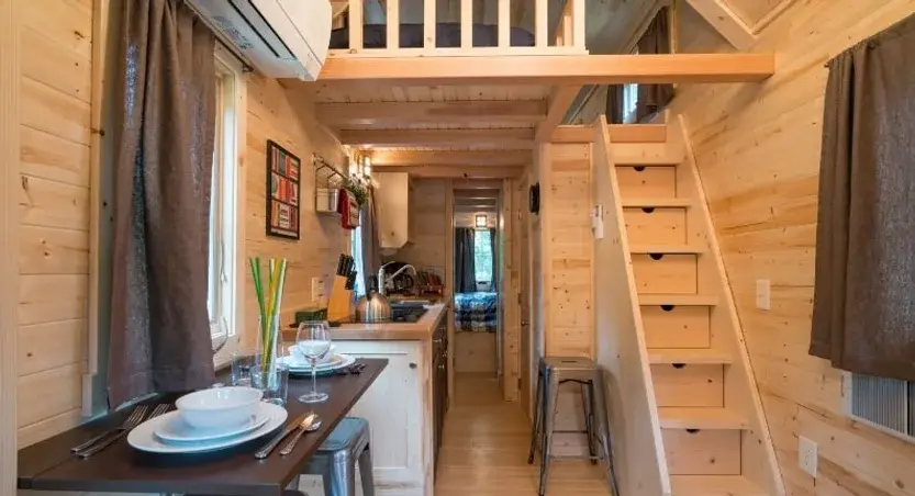 0317 26 foot triple axel trailer tiny house with downstairs bedroom smallhometours.com 1