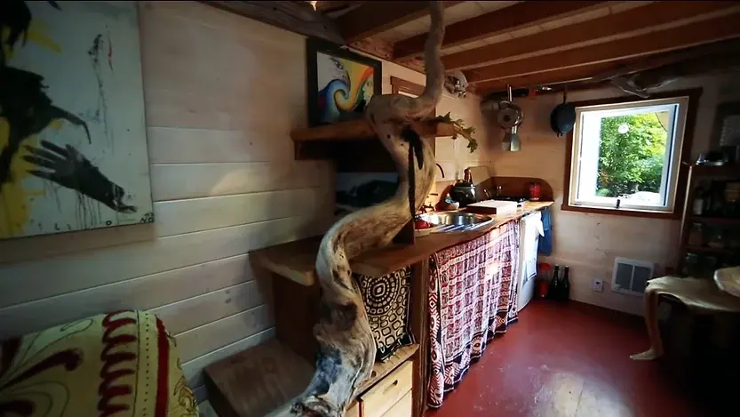 0335 Incredible tiny house build with abundance of driftwood powered bicycle generator smallhometours.com 1