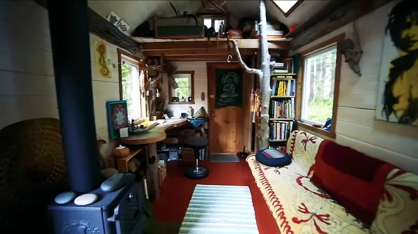 0335 Incredible tiny house build with abundance of driftwood powered bicycle generator smallhometours.com 4