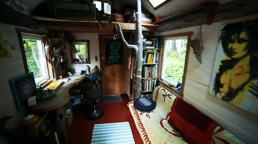 0335 Incredible tiny house build with abundance of driftwood powered bicycle generator smallhometours.com 7