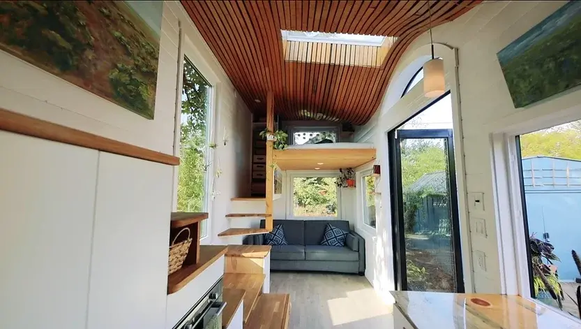 0355 Tiny house natural built with biophilic design elements Fibonacci curve roofline smallhometours.com 7
