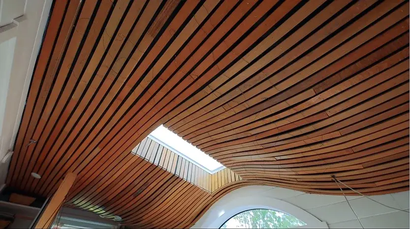 0355 Tiny house natural built with biophilic design elements Fibonacci curve roofline smallhometours.com 8