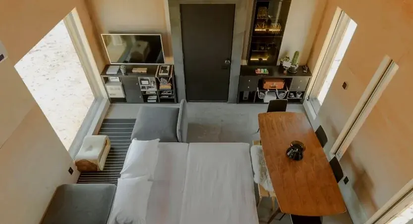 0360 Off grid cabin build on desert landscape smallhometours.com 3