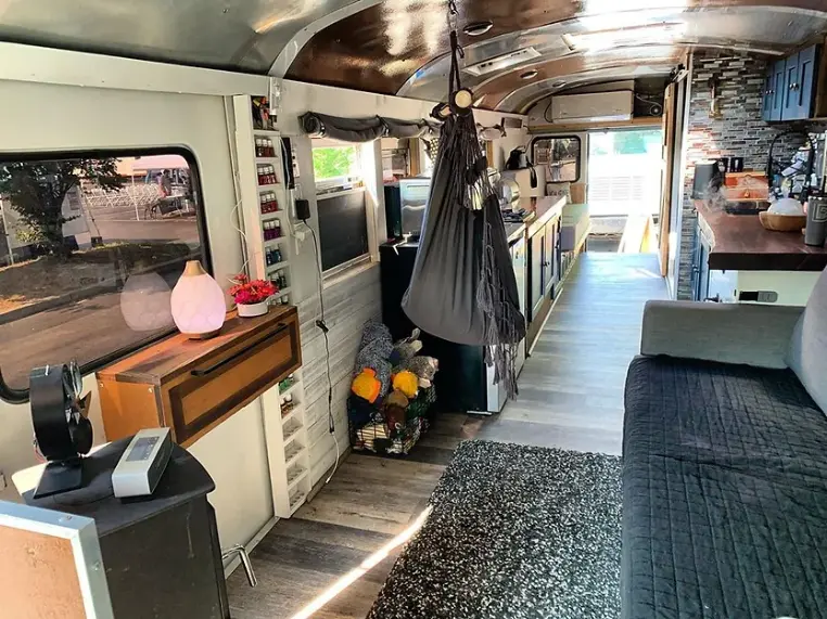 0392 After a cancer diagnosis she sold everything built a stunning DIY school bus conversion smallhometours.com 1