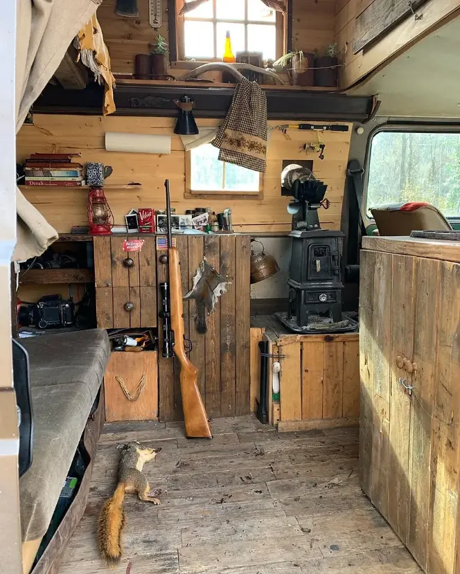 0426 This Budget Micro Cabin in the Woods Van Conversion will make you Swoon. smallhometours.com 3