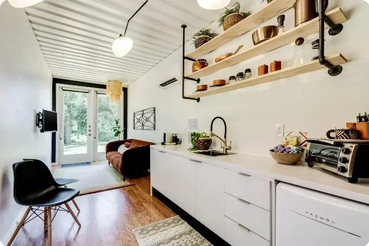 0449 Minimal tiny house with Industrial modern flare one unit shipping container home smallhometours.com 6
