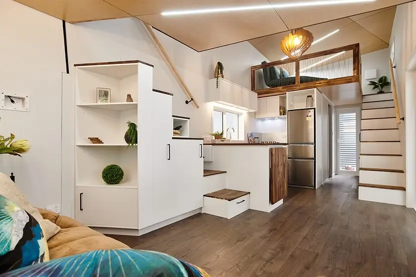 0637 Gorgeous tiny house w electric moving floor updown for master bedroom smallhometours.com 2