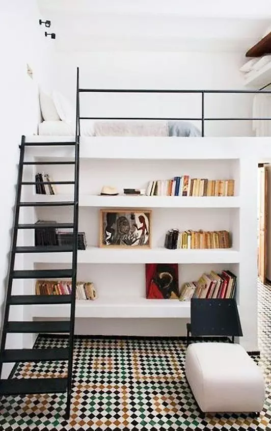 a creative teen room with a loft bedroom and closet and a reading space down with built in shelves and an ottoman