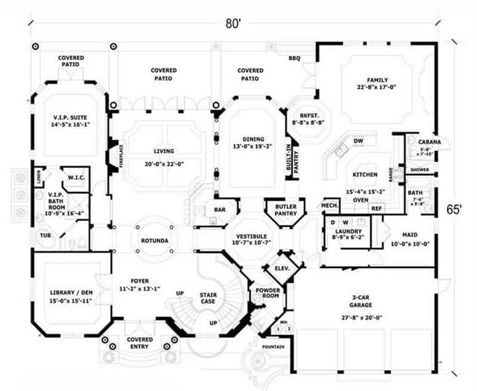Mexican Hacienda Floor Plan With Grand Entrance Courtyard and Patio