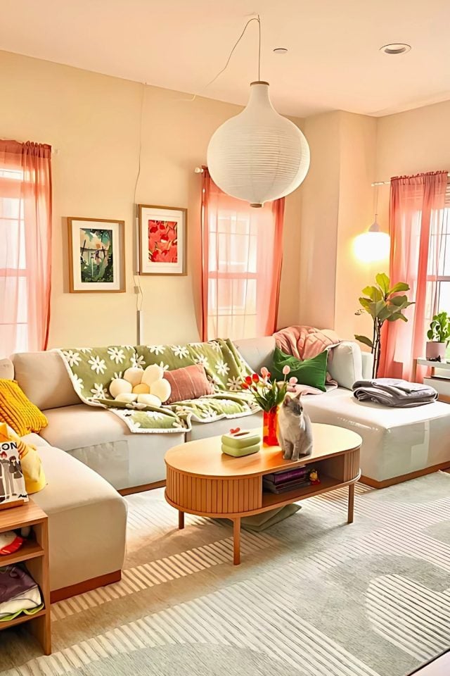 A bright and cozy girly living room in a small apartment, featuring soft pink curtains, a white sectional sofa with pastel pillows, a daisy-patterned green blanket, and a light wood coffee table with flowers on top. Warm lighting, wall art, and a houseplant add a soft, feminine touch. A cat sits on the coffee table, completing the warm and inviting small-space setup.