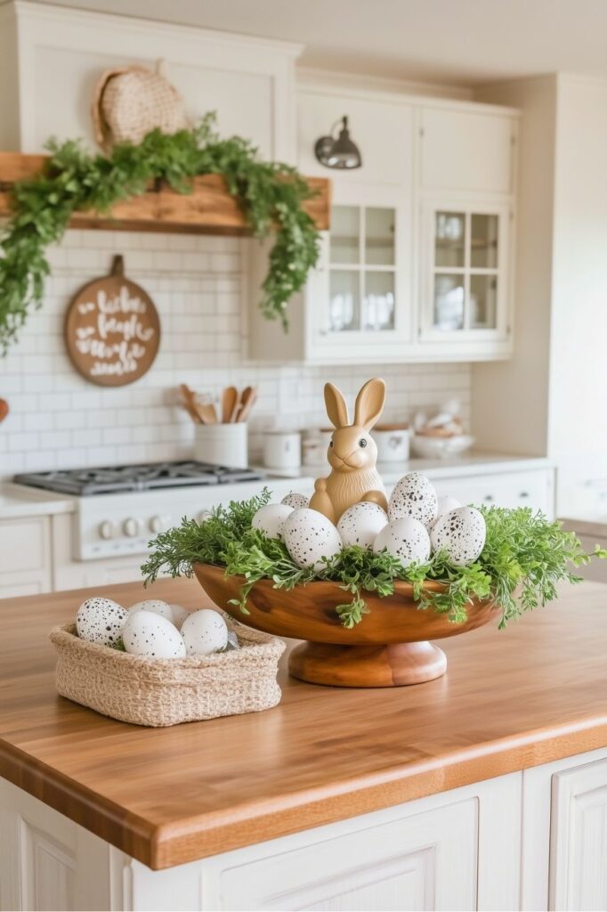 A cozy farmhouse kitchen decorated for Easter, featuring a wooden pedestal bowl filled with green foliage, white speckled eggs, and a ceramic bunny figurine at the center. Beside it sits a woven basket holding more speckled eggs, all arranged on a warm wood kitchen island with white cabinetry and greenery hanging above the stove.