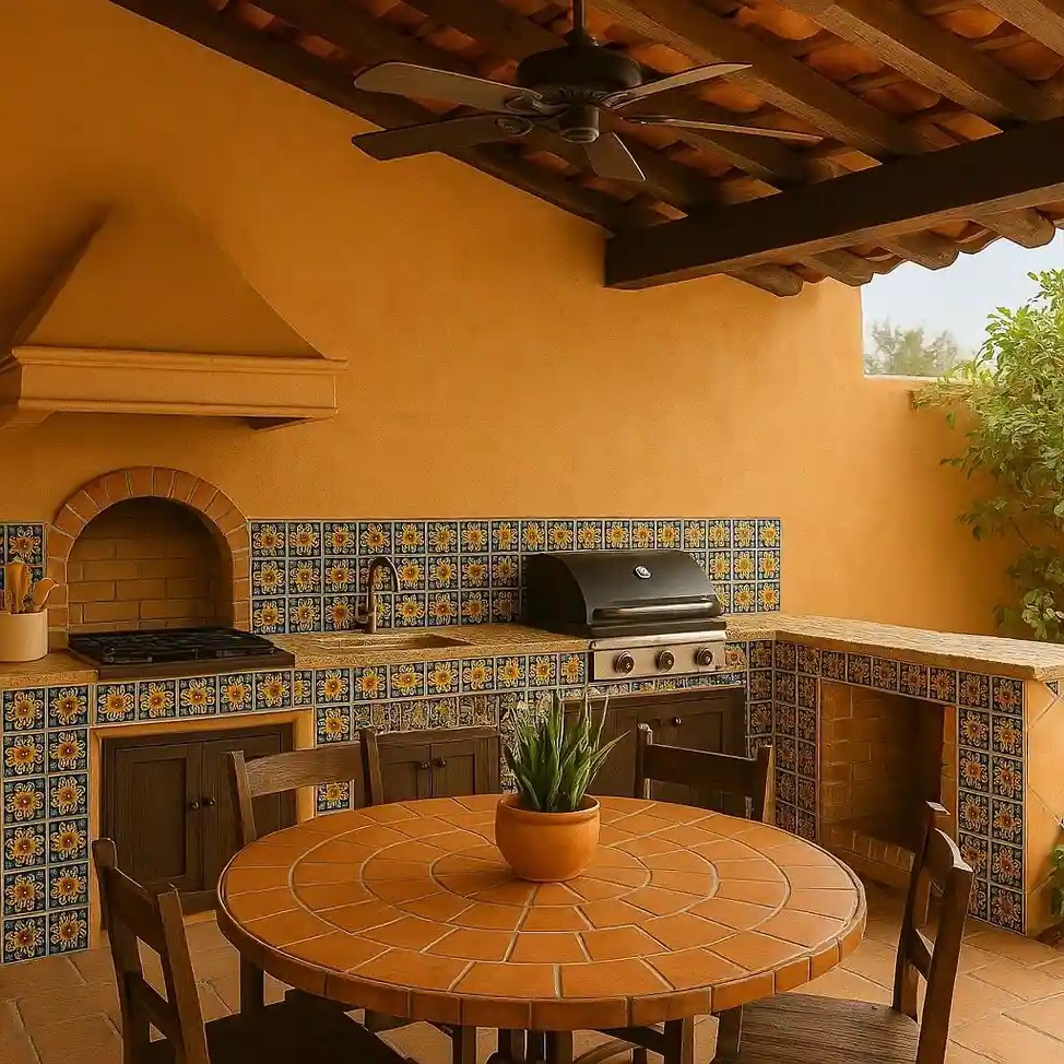 Warm Mexican-style outdoor kitchen with terracotta walls, a tiled countertop and backsplash in colorful Talavera patterns, built-in grill and brick oven, wooden cabinets, ceiling fan, and a round tiled dining table with wooden chairs under a rustic wood-beam roof.