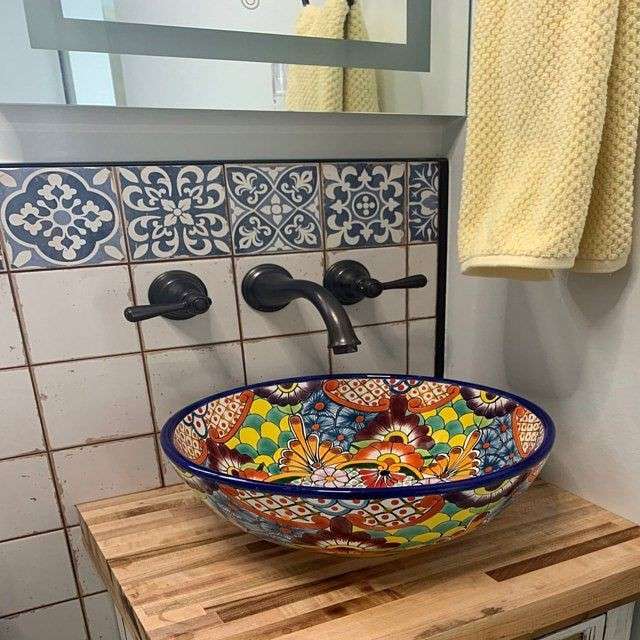25 Vibrant Mexican Bathroom Sink and Vanity Ideas You Have to See Featuring Painted Ceramic Basin Bowl smallhometours.com 15