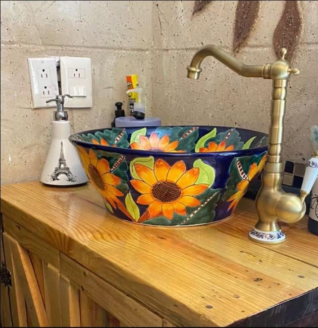 25 Vibrant Mexican Bathroom Sink and Vanity Ideas You Have to See Featuring Painted Ceramic Basin Bowl smallhometours.com 2