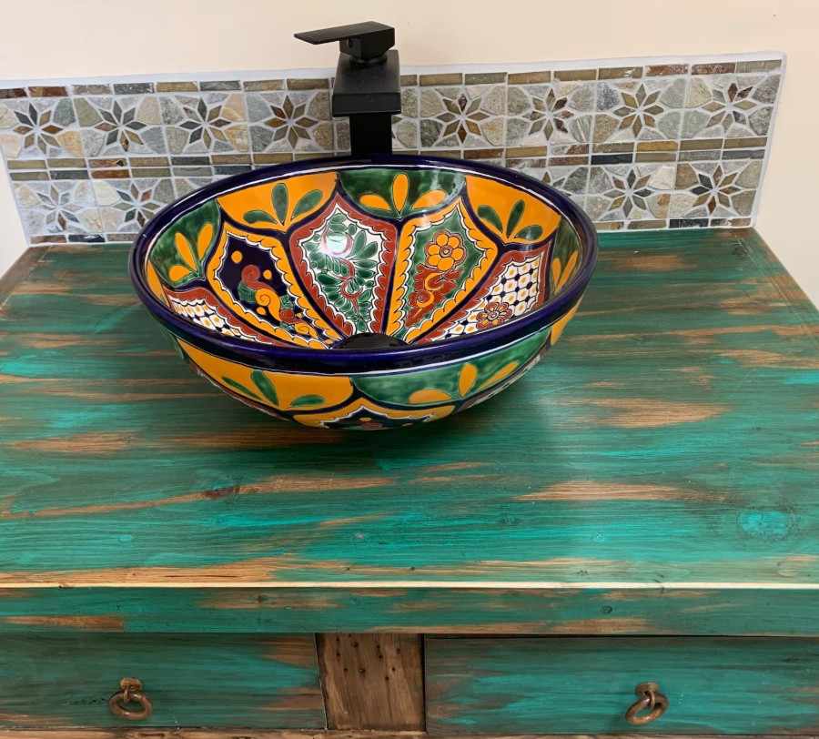 25 Vibrant Mexican Bathroom Sink and Vanity Ideas You Have to See Featuring Painted Ceramic Basin Bowl smallhometours.com 3