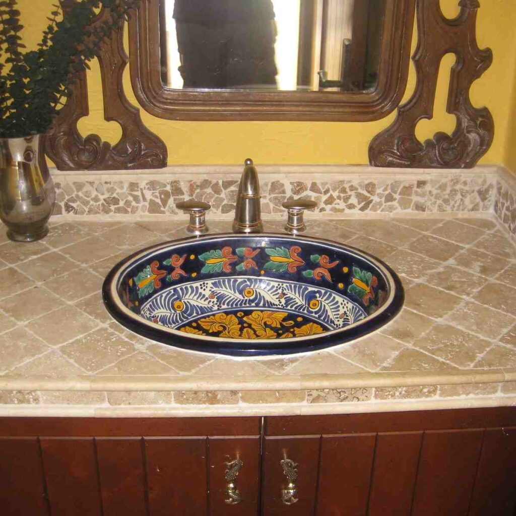 25 Vibrant Mexican Bathroom Sink and Vanity Ideas You Have to See Featuring Painted Ceramic Basin Bowl smallhometours.com 4