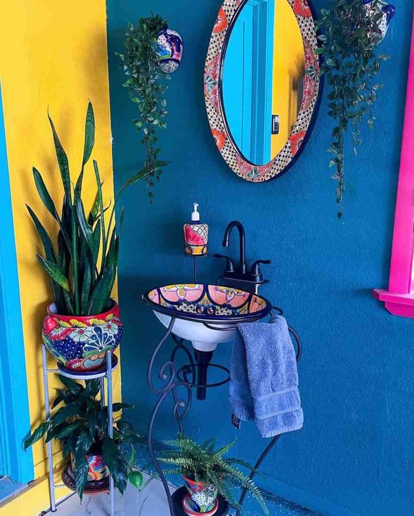 25 Vibrant Mexican Bathroom Sink and Vanity Ideas You Have to See Featuring Painted Ceramic Basin Bowl smallhometours.com 7