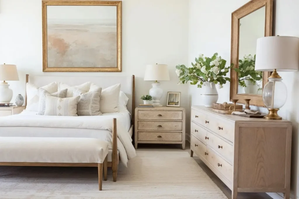 Light and airy neutral bedroom with a white upholstered bed, layered cream and beige pillows, light wood nightstand and dresser, soft artwork above the bed, and natural textures creating a calm, serene feel.