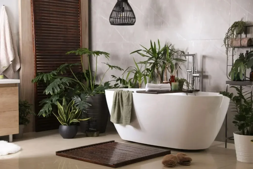 Spanish-inspired primary bathroom with a freestanding white soaking tub, lush green plants, a woven pendant light, wooden bath mat, and soft neutral stone walls creating a warm, relaxed spa-like atmosphere.