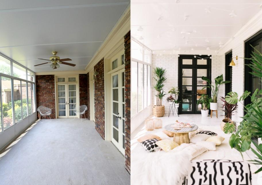Before-and-after sunroom makeover showing a long enclosed porch transformed from a bare brick-and-concrete space with two chairs into a bright white sunroom with plants, floor cushions, a low table, and cozy boho decor.