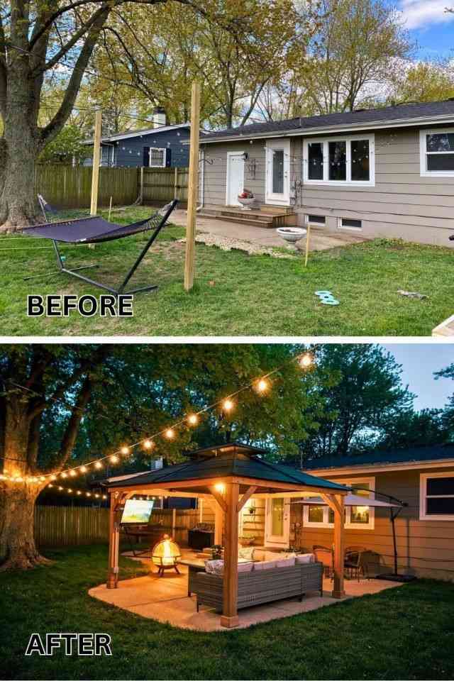 Before: A simple backyard with patchy grass, a large tree, and a small concrete patio behind a beige house. A hammock sits off to the side, and a few wooden posts suggest an unfinished setup. After: The same space transformed with a wooden gazebo over a paved patio, cozy outdoor seating, string lights glowing overhead, and a warm, inviting evening atmosphere.